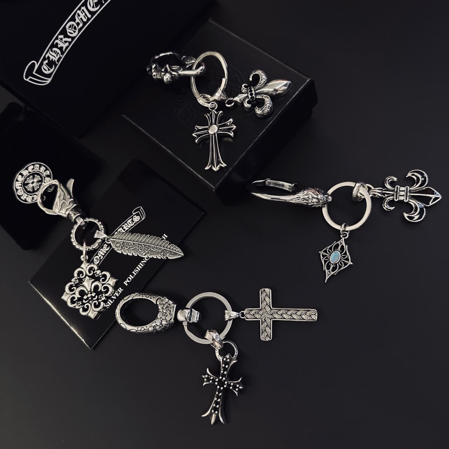 Chrome Hearts Silver Keychain with Cross and Fleur-de-lis Charms